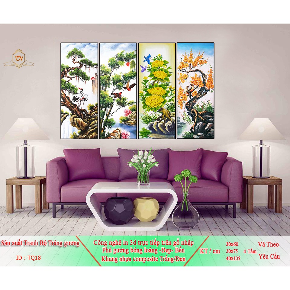 Bộ 4 Tranh TỨ QUÝ TRÁNG GƯƠNG Cao Cấp - Đã Bao Gồm Khung