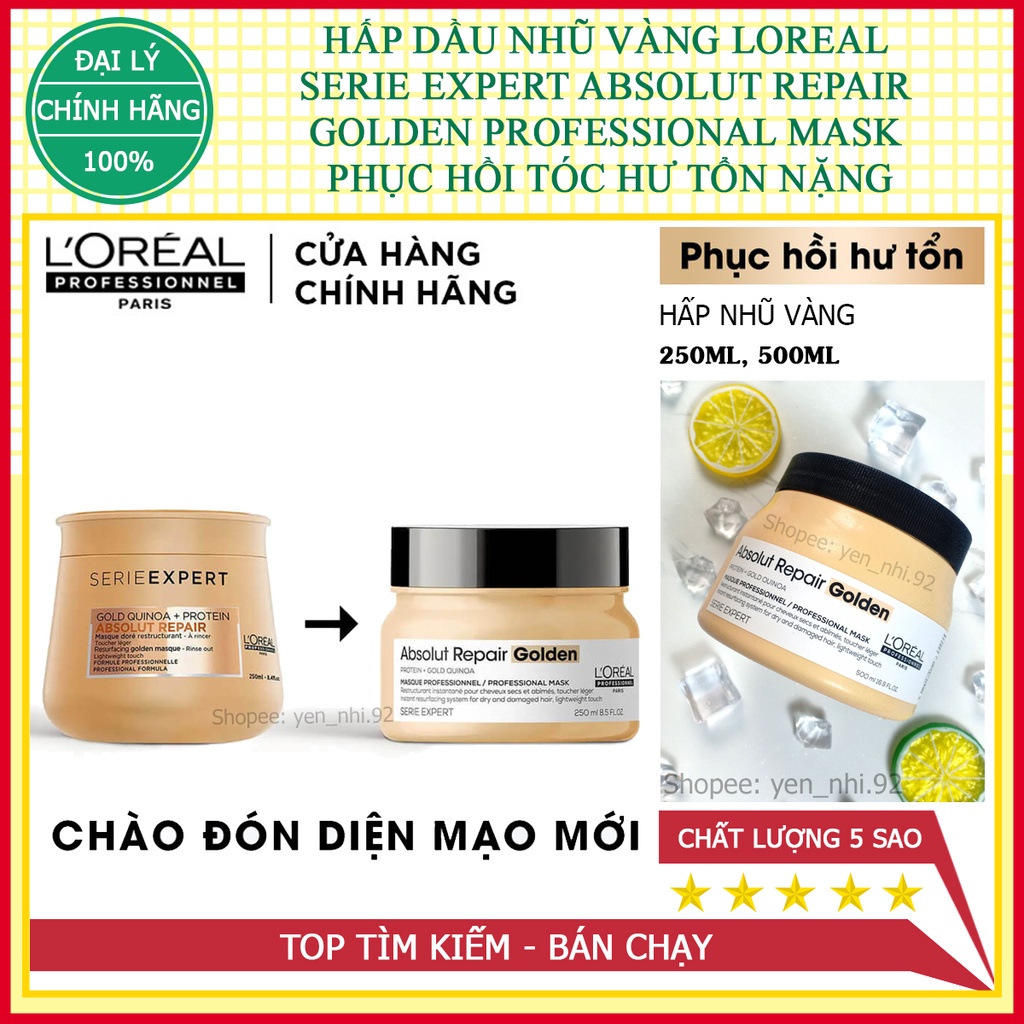 (CHÍNH HÃNG) HẤP DẦU NHŨ VÀNG L'OREAL SERIE EXPERT ABSOLUT REPAIR GOLDEN PROFESSIONAL MASK PHỤC HỒI TÓC HƯ TỔN NẶNG