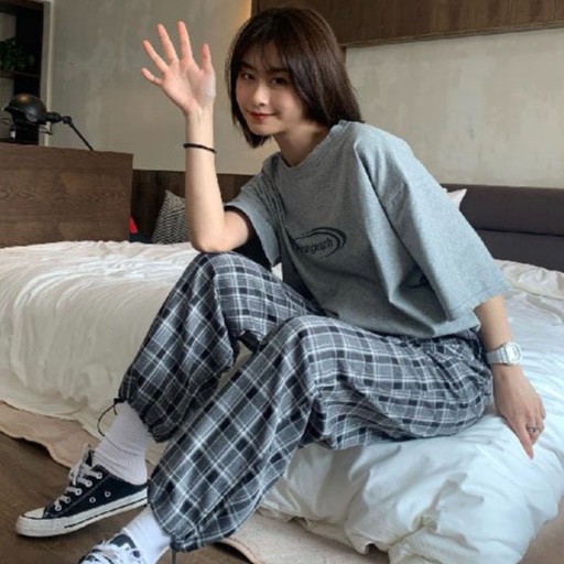 [Mã WASTHI giảm 10K đơn 50K] Bộ đồ para quần kẻ KA Closet màu tàn, chất vải cottton dầy, quần chất kẻ thô, from rộng | BigBuy360 - bigbuy360.vn