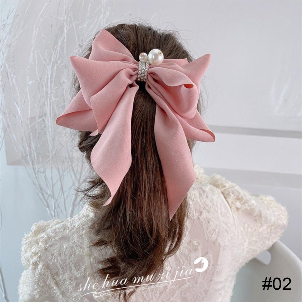 Kẹp Tóc Hình Nơ Đính Hạt Ngọc Trai Bằng Vải Chiffon G7O2