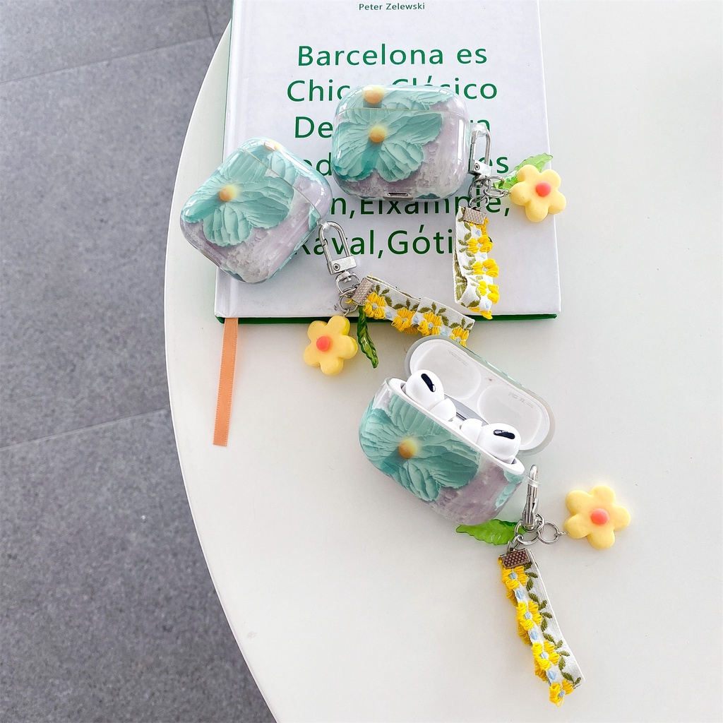 Vỏ Bảo Vệ Hộp Sạc Tai Nghe Bluetooth Không Dây AirPods 1 2 pro 3 2021 gen3 Hình Hoa Màu Xanh Lá Sáng Bóng