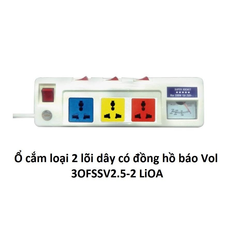 Ổ cắm kéo dài công suất lớn có đồng hồ báo điện áp 3300W Max 15A 250V  Lioa 3OFSSV2.5-2