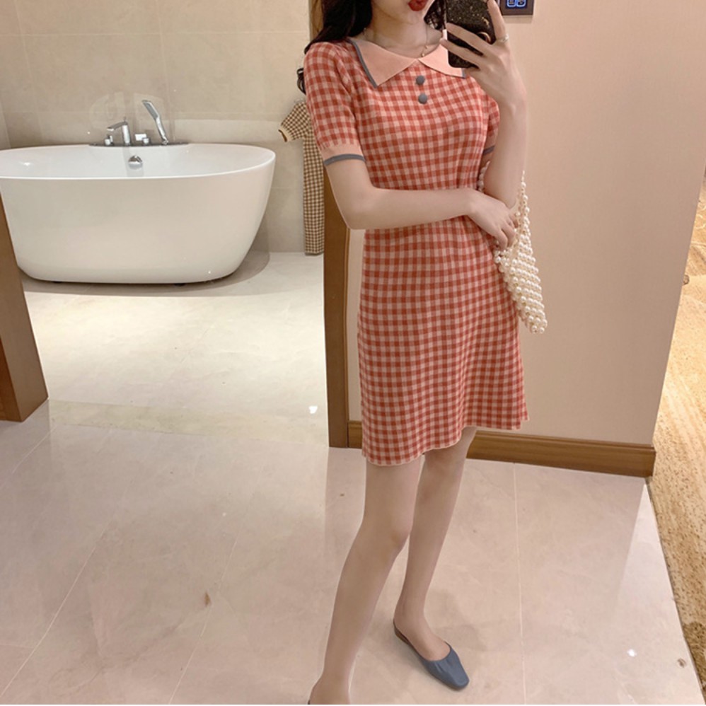 Đầm Nữ Tay Ngắn Kẻ Caro Thời Trang - Váy Liền Thân Caro Ulzzang Nữ - Đầm Ngắn Retro Cổ Điển Cho Các Bạn Gái - MÃ V99