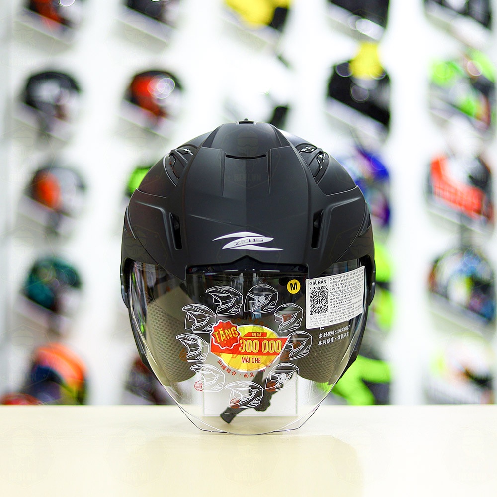 Mũ 3/4 2 Kính Zeus 613B Đen Nhám Tặng Kèm Mái Che Có Thể Tháo Rời