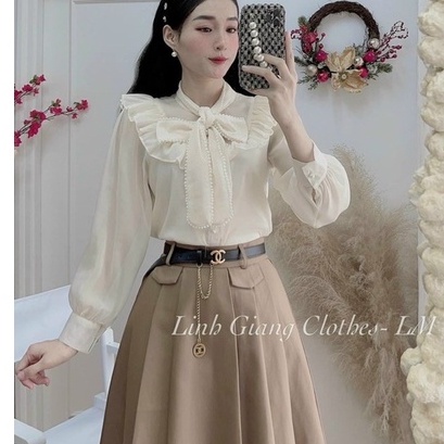 Sơ mi cách điệu cổ nơ đính ngọc