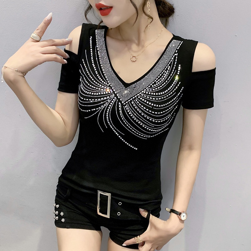 áo kiểu trễ vai áo thun tay ngắn nữ Cổ Chữ v Đính Đá Thời Trang Mùa Hè Mới
