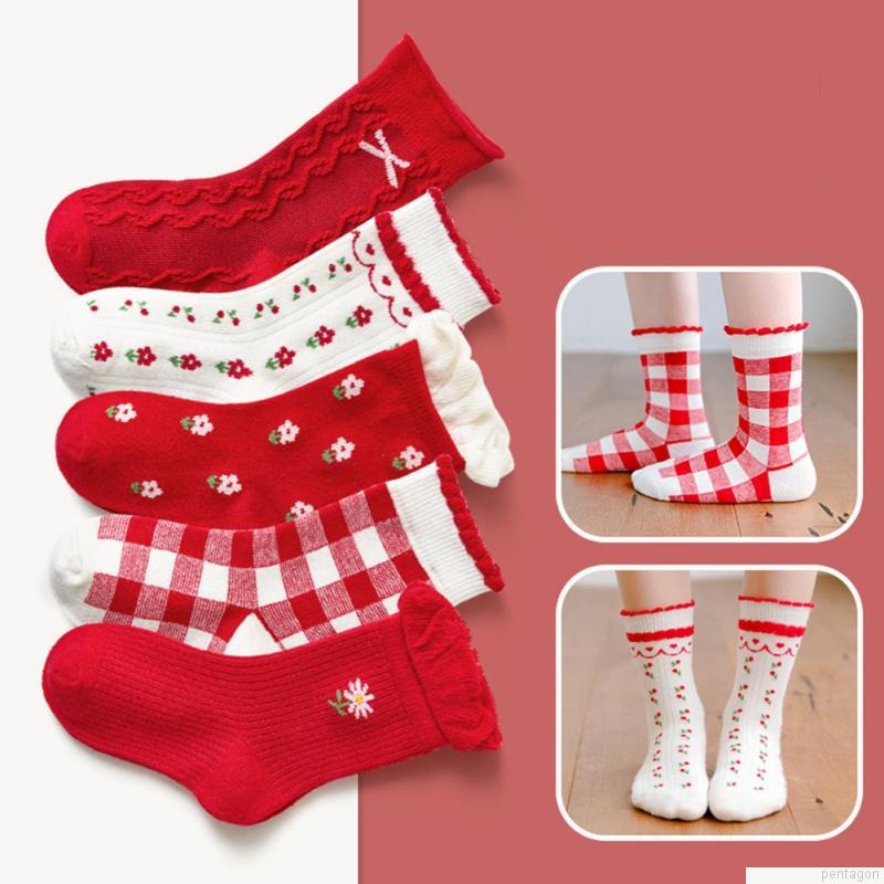 Set 5 đôi tất cotton mềm mại thoáng khí in họa tiết hoa và ca rô xinh xắn cho bé gái 1-12 tuổi