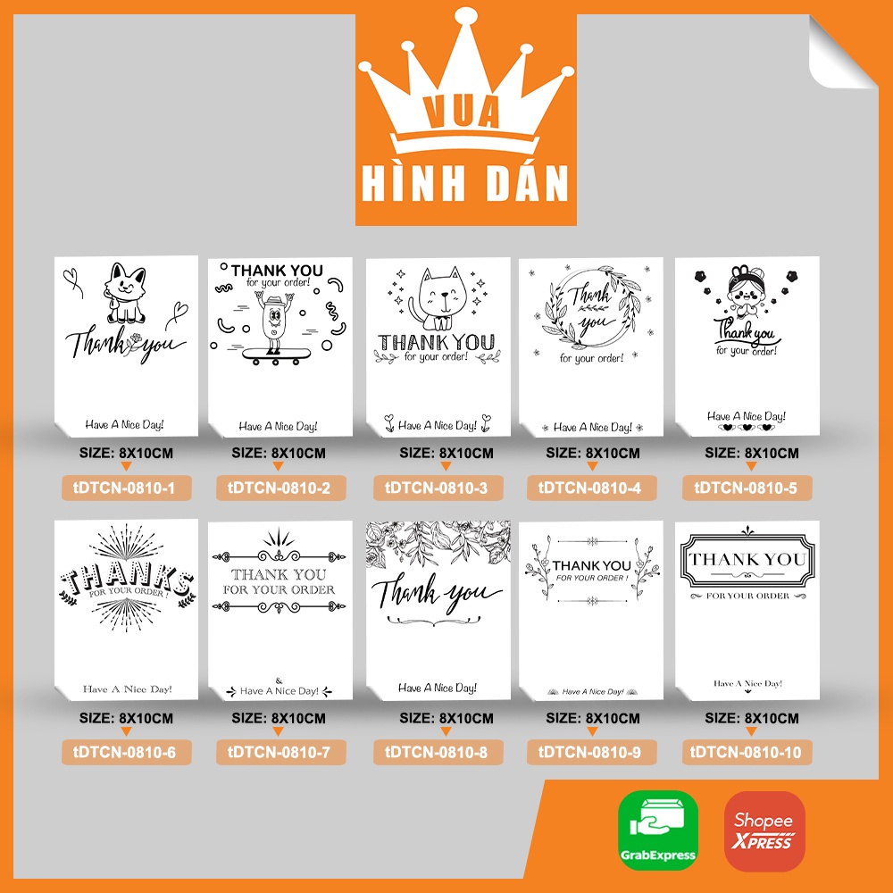 Set 50/100 tem / sticker (8*10cm) thank you niêm phong đơn hàng vận chuyển dành cho shop (10 mẫu) (1.003)