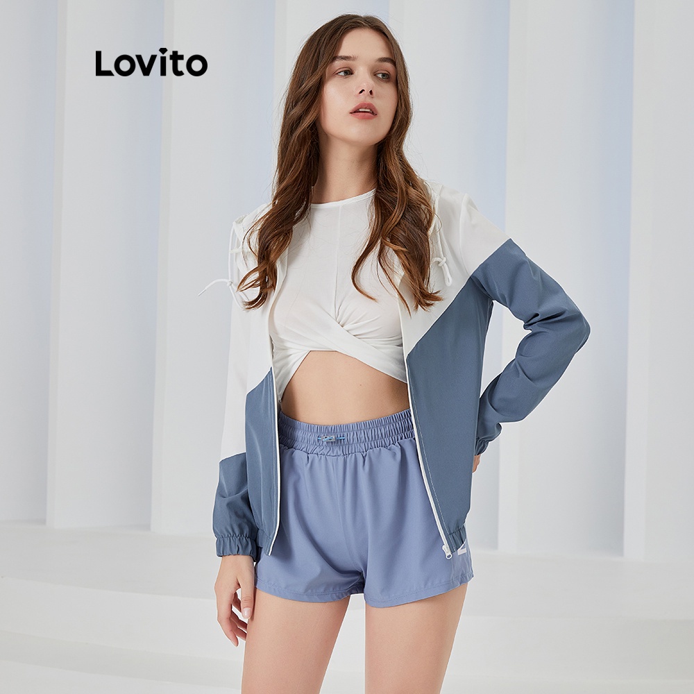 Áo khoác Lovito có dây khóa kéo họa tiết ghép màu phong cách thể thao ngoài trời L04039 (Màu xanh dương)