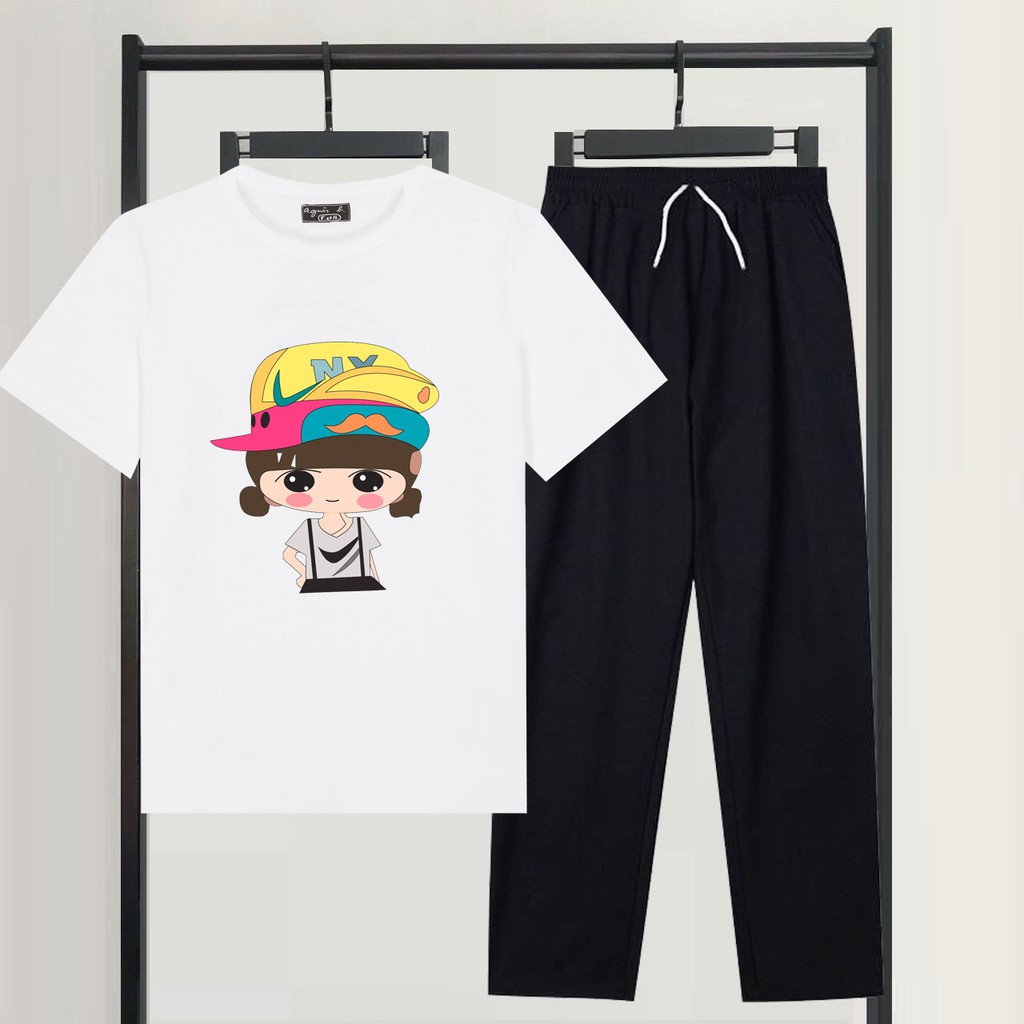 Sét Bộ Đồ Nữ Mặc Đi Chơi Dạo Phố Ngắn Tay Mùa Hè, Áo Phông Cotton In Cô Gái Mũ Kèm Quần Jogger Kaki Phong Cách Hàn Quốc