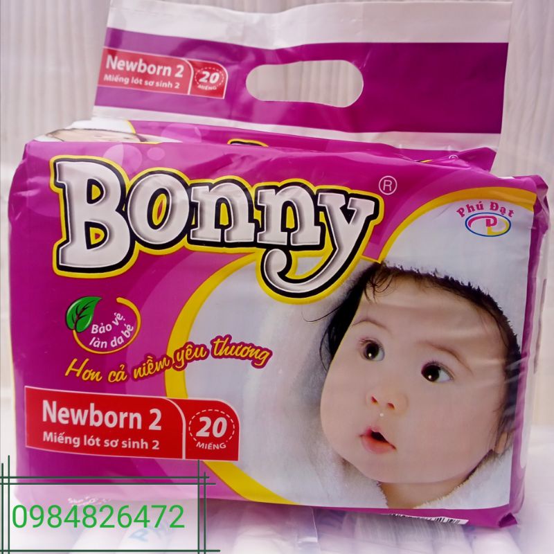 Miếng lót sơ sinh Newborn 2 Bonny gói 20 miếng/1 túi, mềm mại và mỏng nhẹ thấm hút tốt giúp bề mặt khô thoáng