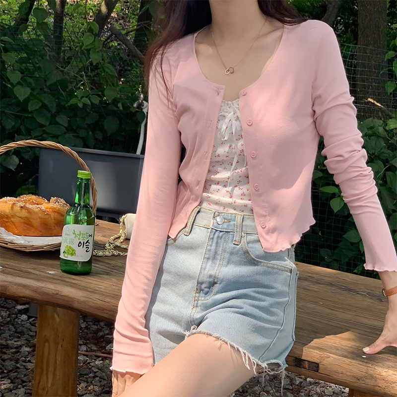 Áo croptop Peppermint mỏng tay dài cổ tròn ôm dáng phong cách thời trang mùa hè cho nữ 53062