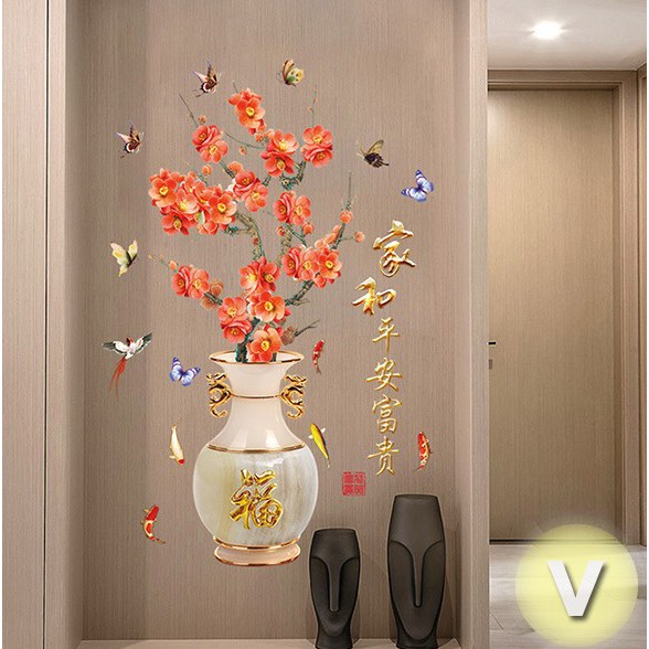 Decal dán tường Bình hoa đào đỏ