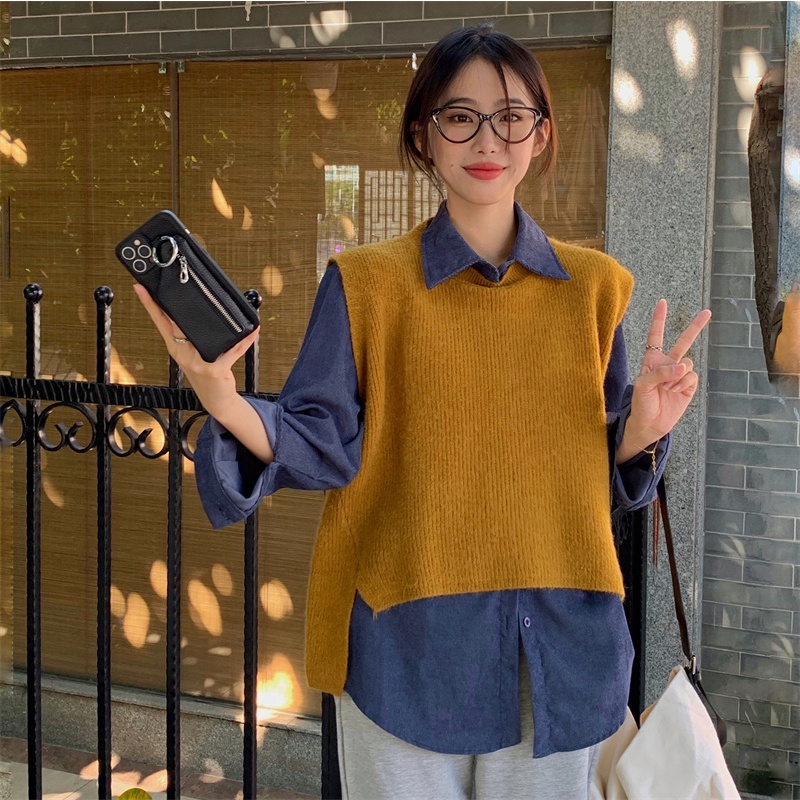 Áo gile len phối sơ mi nhung tăm phong cách ulzzang Hàn Quốc