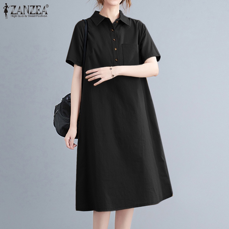 Đầm midi Zanzea tay ngắn cổ bẻ có túi phong cách vintage thời trang cho nữ