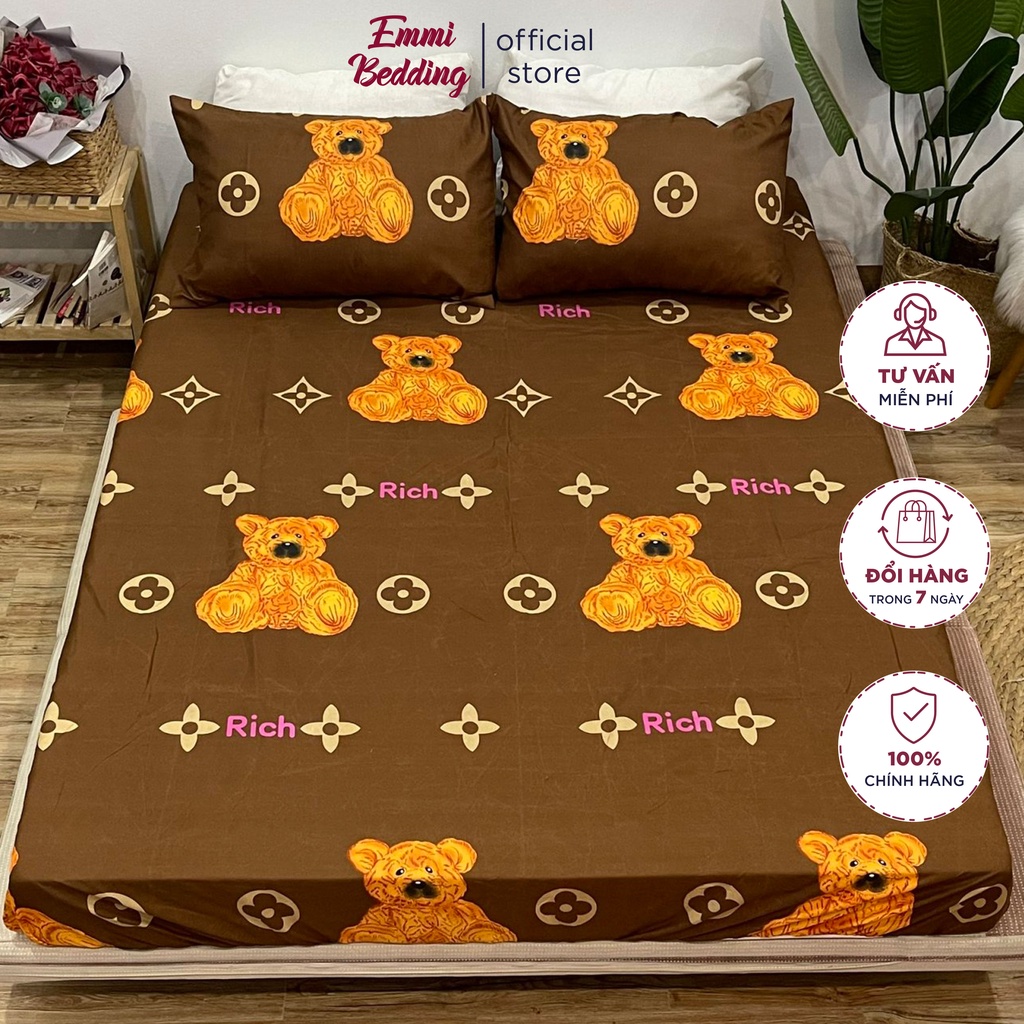 set 3 món ga gối cotton EMMIBEDDING STORE mẫu gấu NÂU gồm 1 ga và 2 vỏ gối nằm