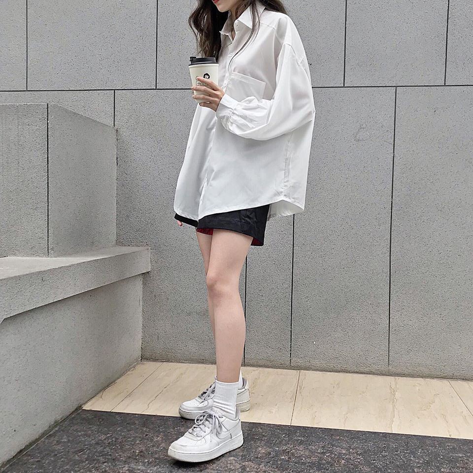 Áo sơ mi nữ trắng dài tay chất lụa hàn kiểu dáng đuôi tôm - Áo dài tay kiểu cổ đứng dáng oversize , chất kate silk nữ