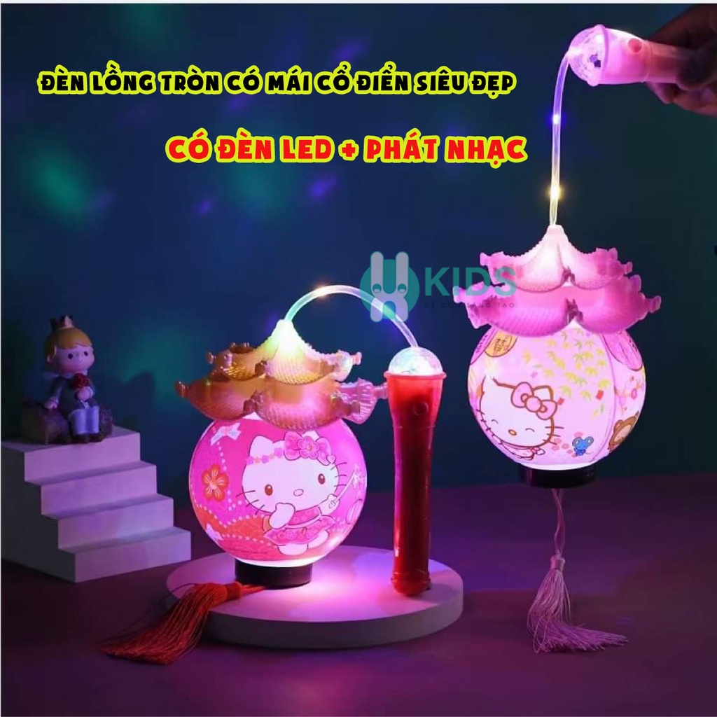 Đèn lồng trung thu dạng tròn có mái kép truyền thống in hình hello kitty, siêu anh hùng có đèn phát nhạc mẫu mới nhất