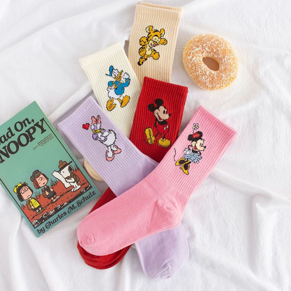 Vớ cotton màu trơn thoáng khí in hình chuột Mickey phong cách Harajuku Hàn Quốc dễ thương cho nữ