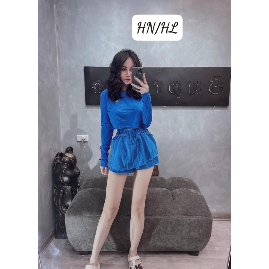 Set thun croptop xanh quần giả váy chất da cá tàu đẹp mềm mịn màu cực xinh