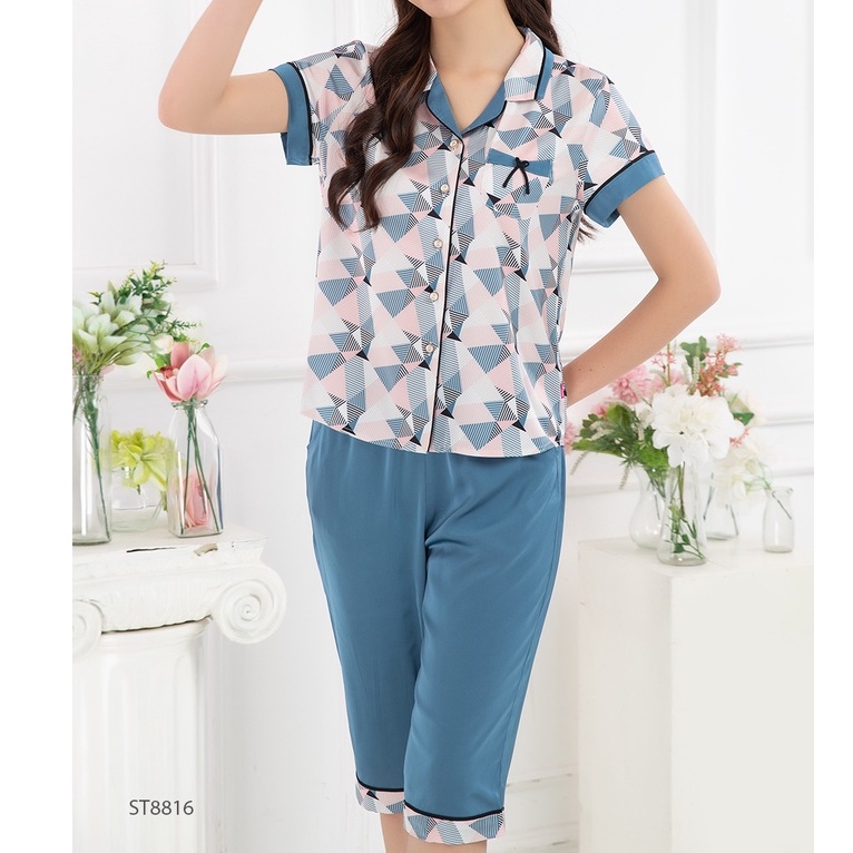 Bộ đồ mặc nhà nữ pijamas lụa SUNFLY áo cộc quần ngố ST8816