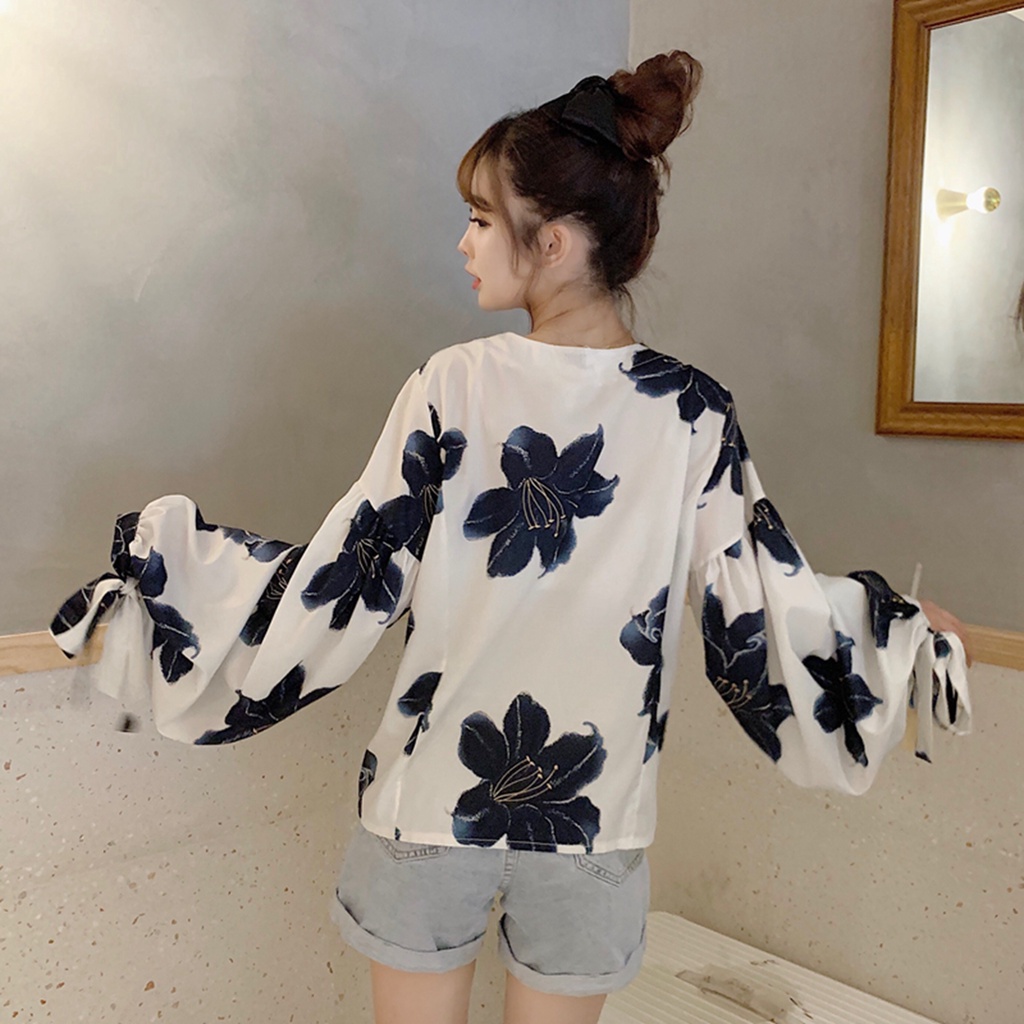 SUXI Áo Kiểu Tay Phồng Dài Cổ Chữ V Form Rộng Phong Cách Vintage