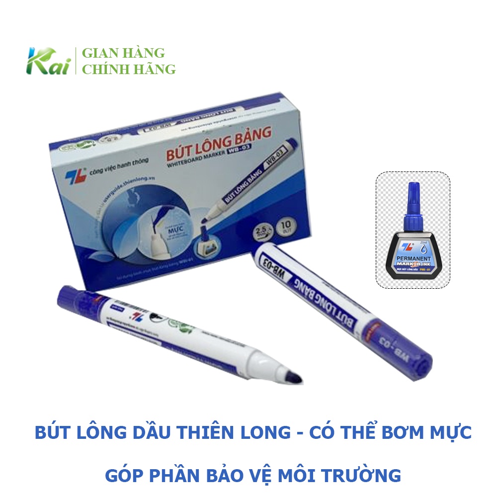 HỘP (10 CÂY) BÚT LÔNG MÀU VIẾT BẢNG WB-03, chính hãng Thiên Long, màu xanh, đen, đỏ, giá rẻ