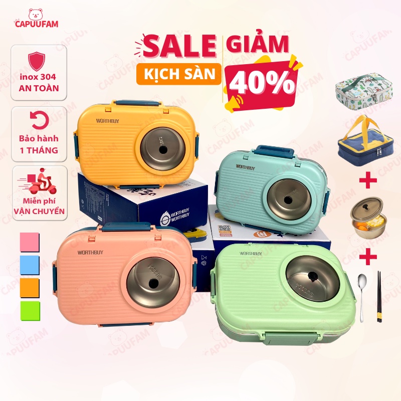 Hộp đựng cơm giữ nhiệt CAPUUFAM, chất liệu inox 304, khay 3 ngăn, hộp đựng cơm văn phòng đa năng