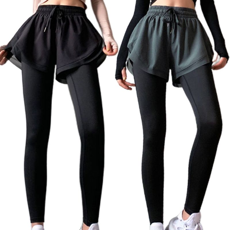 Quần Legging Thể Thao Ngắn Lưng Cao 2 Trong 1 Màu Sắc Đơn Giản Cho Nữ