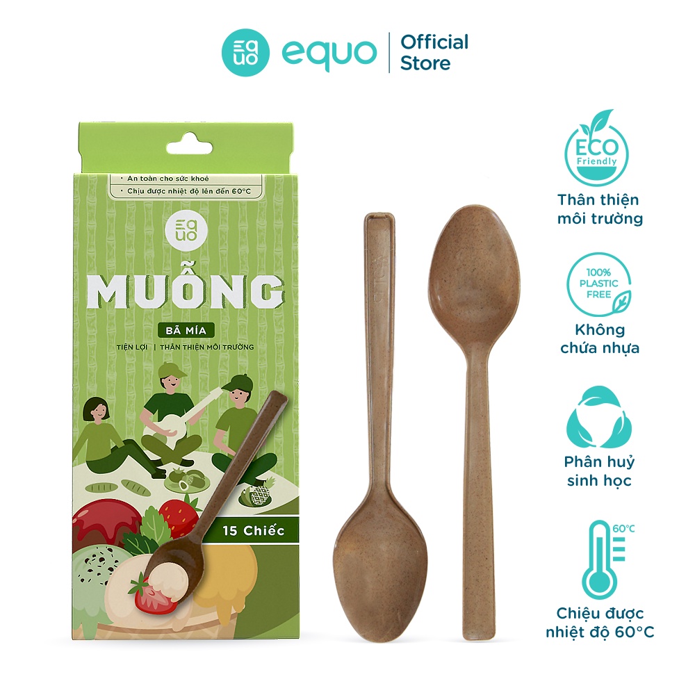 Muỗng bã mía EQUO phân hủy hoàn toàn hộp 15 chiếc kích thước 164x35mm