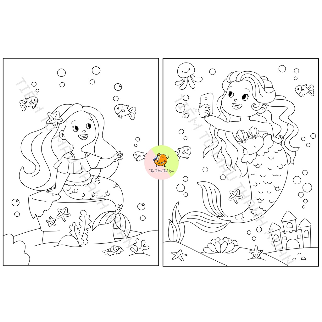 Set 30 Tờ Tranh Tô Màu Nàng Tiên Cá Cho Bé Size A5 Màu Sáp, Màu Chì - Tiệm Tô Màu Thanh Xuân