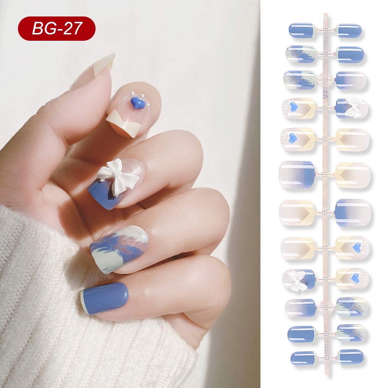 [Hàng mới về] Bộ 24 móng tay giả đính nơ họa tiết bầu trời xanh thời trang<br>