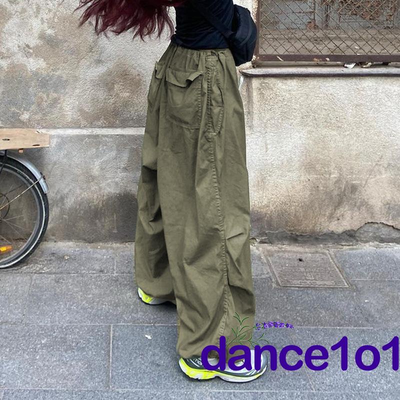 dance1o1-Y2K Harajuku Women´s Solid Color Elastic Waist Tie-Up Side Pockets Loose Fit Trousers