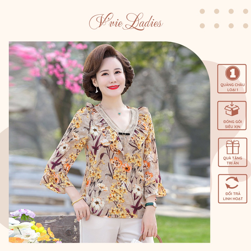 Áo kiểu nữ trung niên, vải voan họa tiết hoa tặng mẹ
