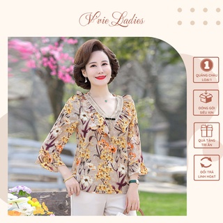 Áo kiểu nữ trung niên, vải voan họa tiết hoa tặng mẹ