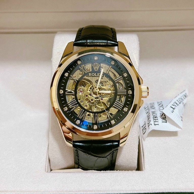 Đồng hồ Rolex nam - chạy bằng cơ,lộ máy, ba kim giây,phút,giờ, mặt thép không gỉ ,dây da cao cấp