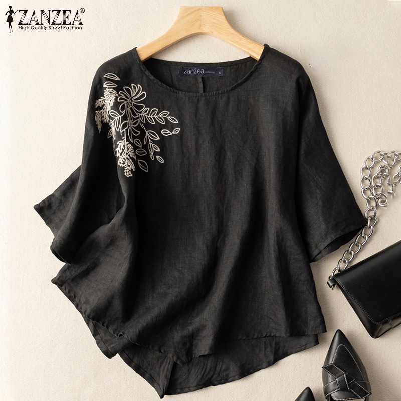 Áo thun ZANZEA cho nữ cổ tròn tay lửng màu trơn phong cách retro