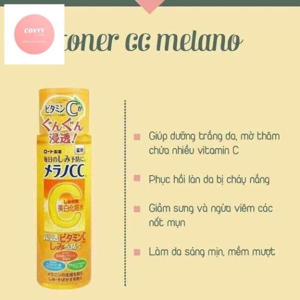 Toner Melano CC Vitamin C dưỡng ẩm trắng da mờ thâm.