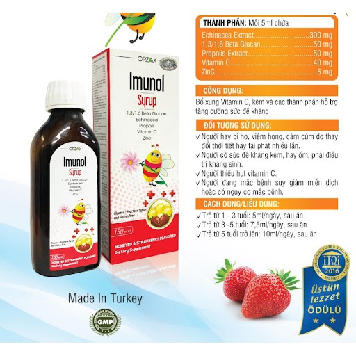 Imunol Syrup - Bổ xung Vitamin C, Kẽm và các thành phần hỗ trợ tăng cường sức đề kháng