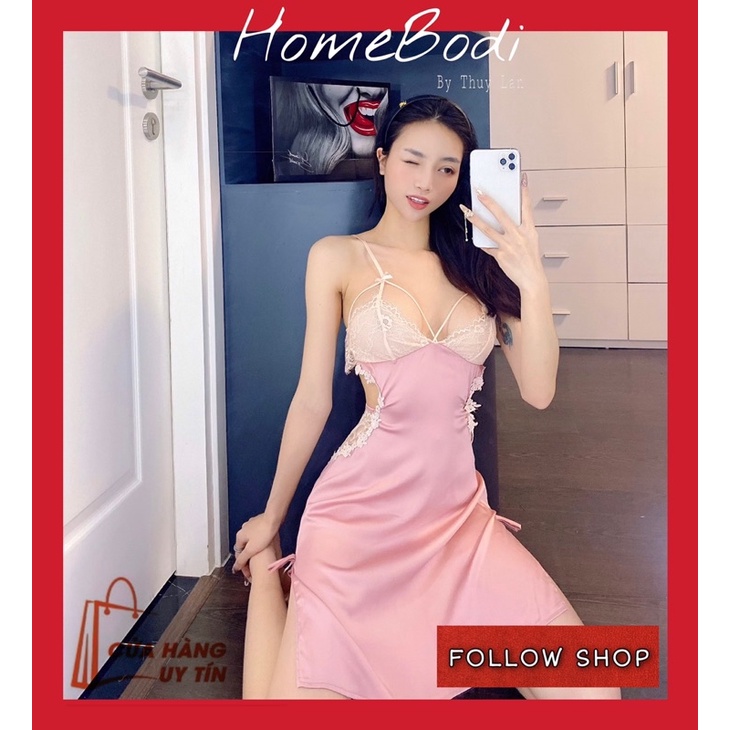 Váy ngủ, đầm ngủ lụa sexy 2 dây Màu Hồng kem quyến rũ với chất liệu Lụa ra ren cực đẹp