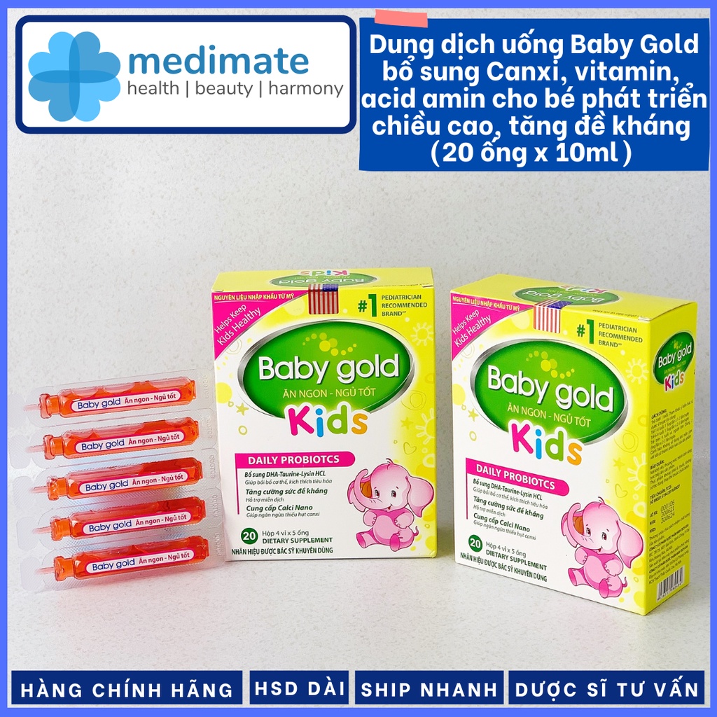 Dung dịch uống Baby Gold Ăn Ngon Ngủ Tốt bổ sung Canxi, Vitamin cho bé phát triển chiều cao, tăng sức đề kháng (20 ống)