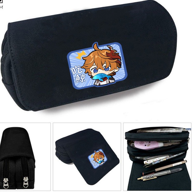 Hộp bút vải canvas khóa trắng GENSHIN IMPACT ver CHỮ NHẬT game anime chibi đi học tiện lợi