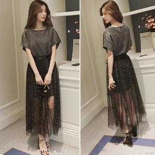 Set áo thun dài tay + chân váy lưới xuyên thấu quyến rũ cho nữ