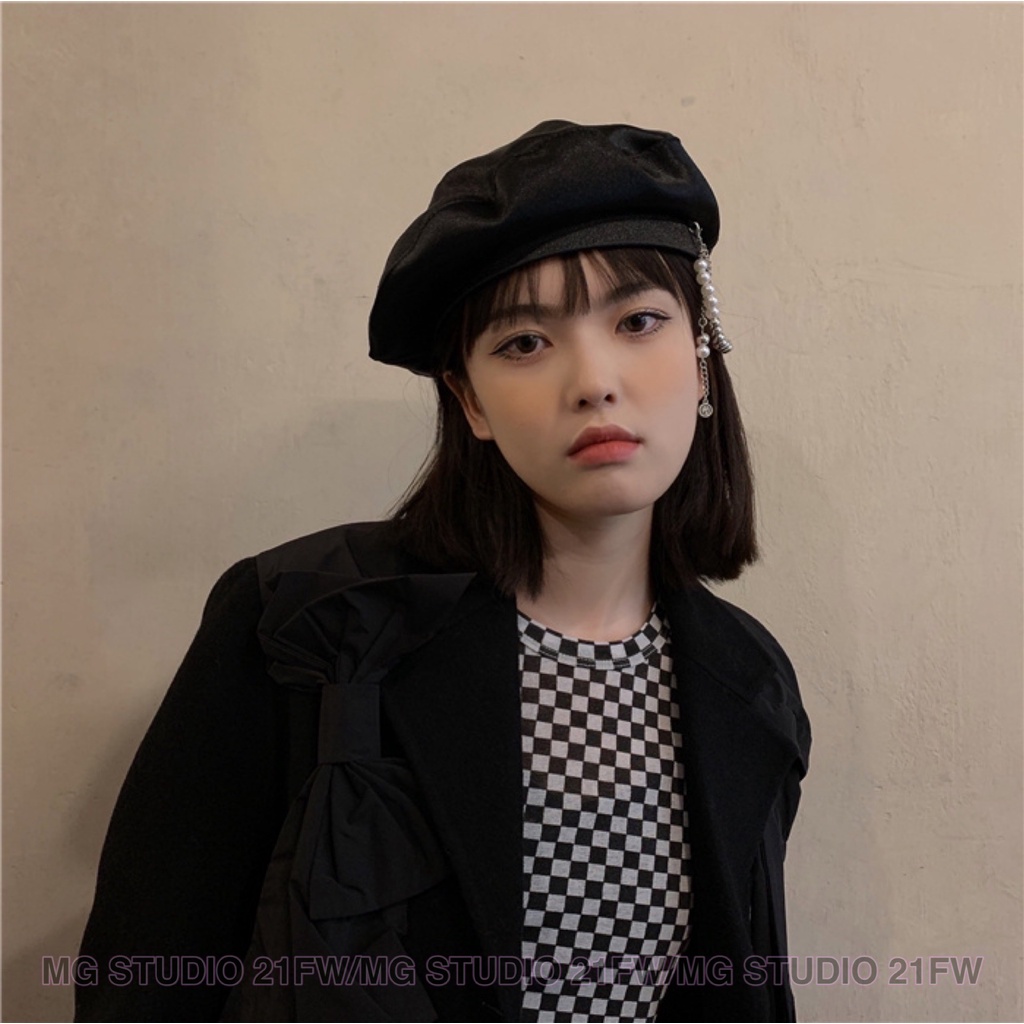Mũ beret MG Studio đính chuỗi ngọc trai 3 màu tùy chọn
