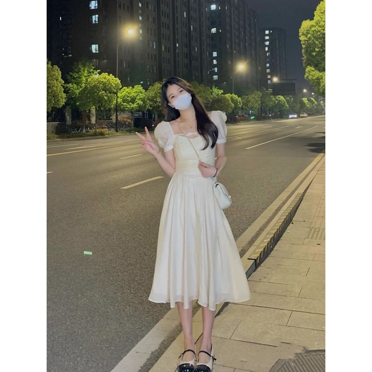 Đầm Cổ Vuông Tay Phồng Họa Tiết Kẻ Sọc Thiết Kế Eo Cao Thời Trang Mùa Hè Mới Cho Nữ