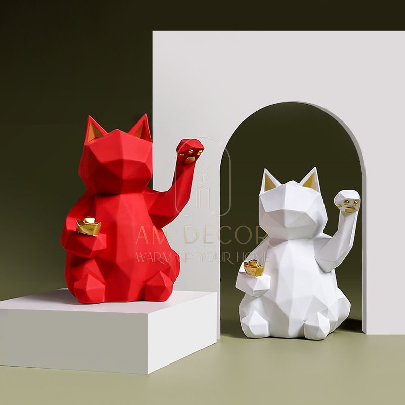 Tượng Mèo Thần Tài may mắn điêu khắc sáng tạo mô hình decor trang trí cửa hàng, phòng khách sang trọng - AM Decor