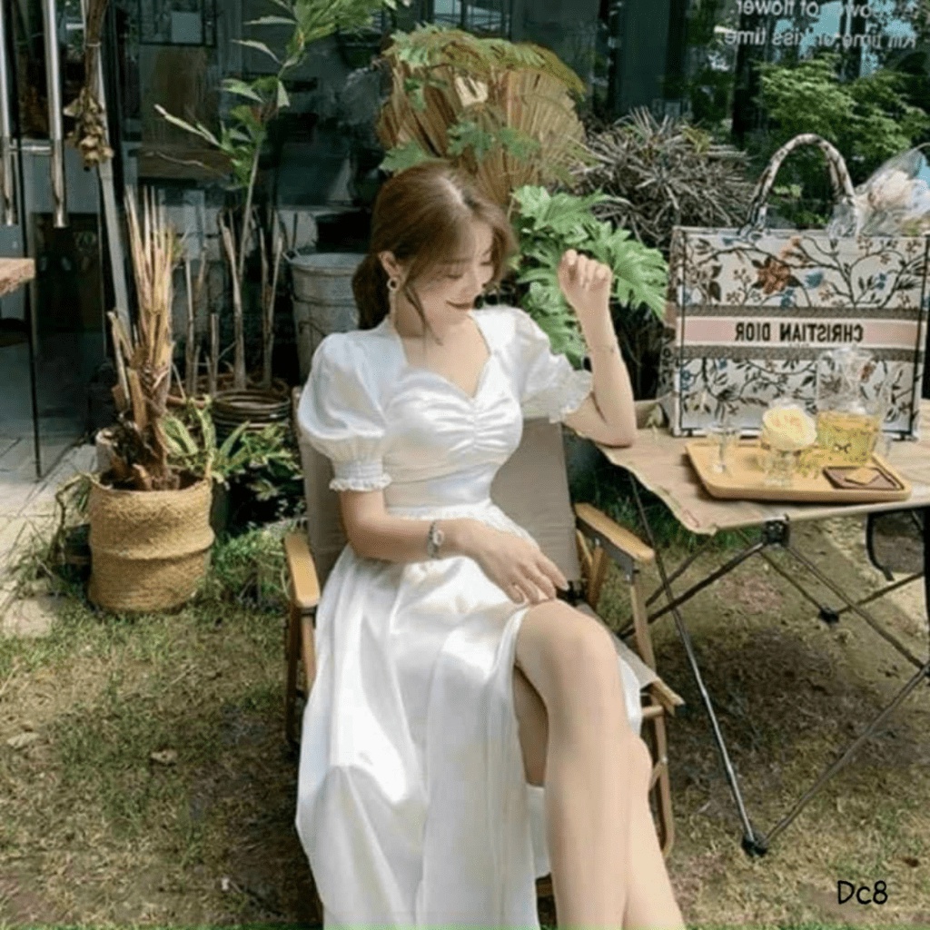 Mẫu Siêu Hot - - Đầm Phi Lụa Chẻ Váy Tay Bo Chuẩn Hàng Quảng Châu UP