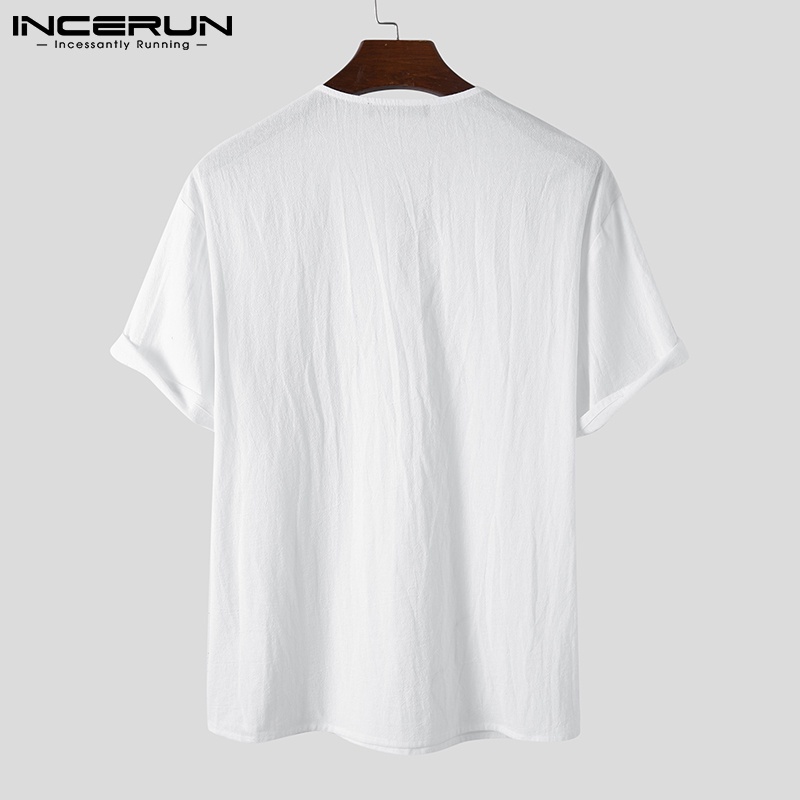 Áo thun INCERUN thiết kế tay ngắn thắt dây trơn màu vải cotton cơ bản mùa hè dành cho nam