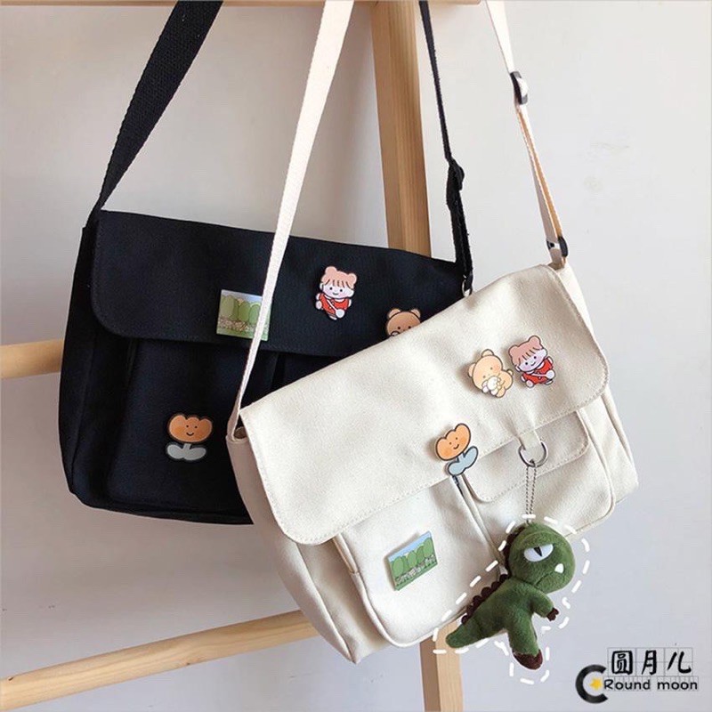 TÚI TOTE VẢI CANVAS ĐEO CHÉO STICK CÔ GÁI VÀ HOA 2 SIZE