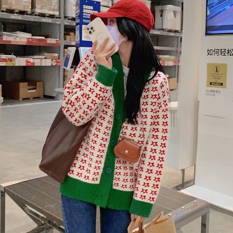 Áo sweater dệt kim in hoa màu đỏ dáng ôm dễ phối đồ phong cách Hàn Quốc